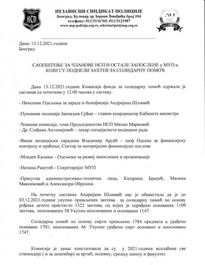 СAOПШТЕЊЕ ЗА ЧЛАНОВЕ НСП И ОСТАЛЕ ЗАПОСЛЕНЕ У МУП-а КОЈИ СУ ПОДНЕЛИ ЗАХТЕВ ЗА СОЛИДАРНУ ПОМОЋ